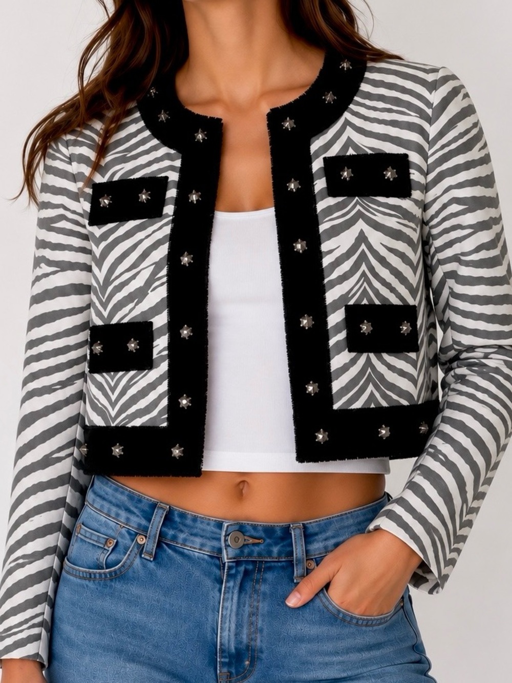 Sauce Zebra Zoo Black White Animal Pattern Studded Crop Punk Rock Jacket Blazer